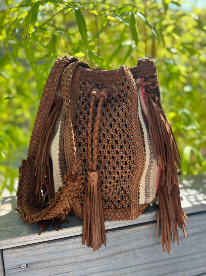 RARE Early Enshalla One Of A Kind Beaded Leather, Textile & Fringe Braided Strap Crossbody Bag
