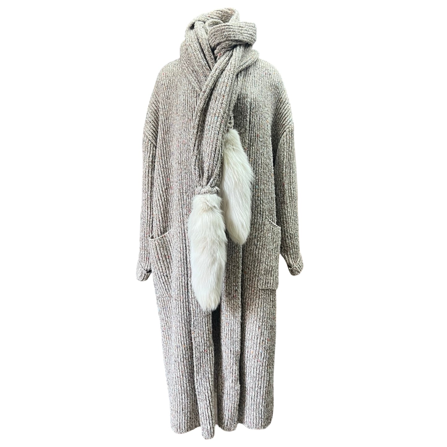 Vintage 1980’s Tony Lambert Marled Maxi Sweater Coat w/ Fur Trim Scarf