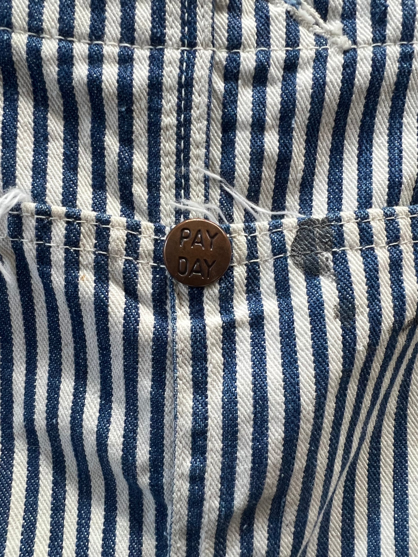 Very Rare Vintage 1940’s/50's Distressed Pay Day Square Bak Union Made Sanforized Sail Cloth Hickory Striped Apron Bib Overalls