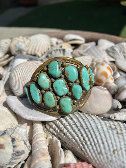 RARE Vintage Navajo Brass & Turquoise Cluster Cuff Hallmark DD