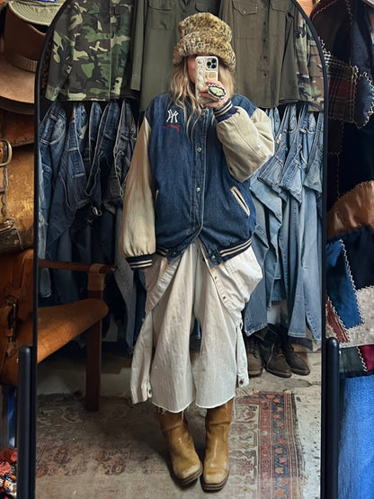 Vintage 80’s Adidas X Yankees Distressed Denim Varsity Jacket XL