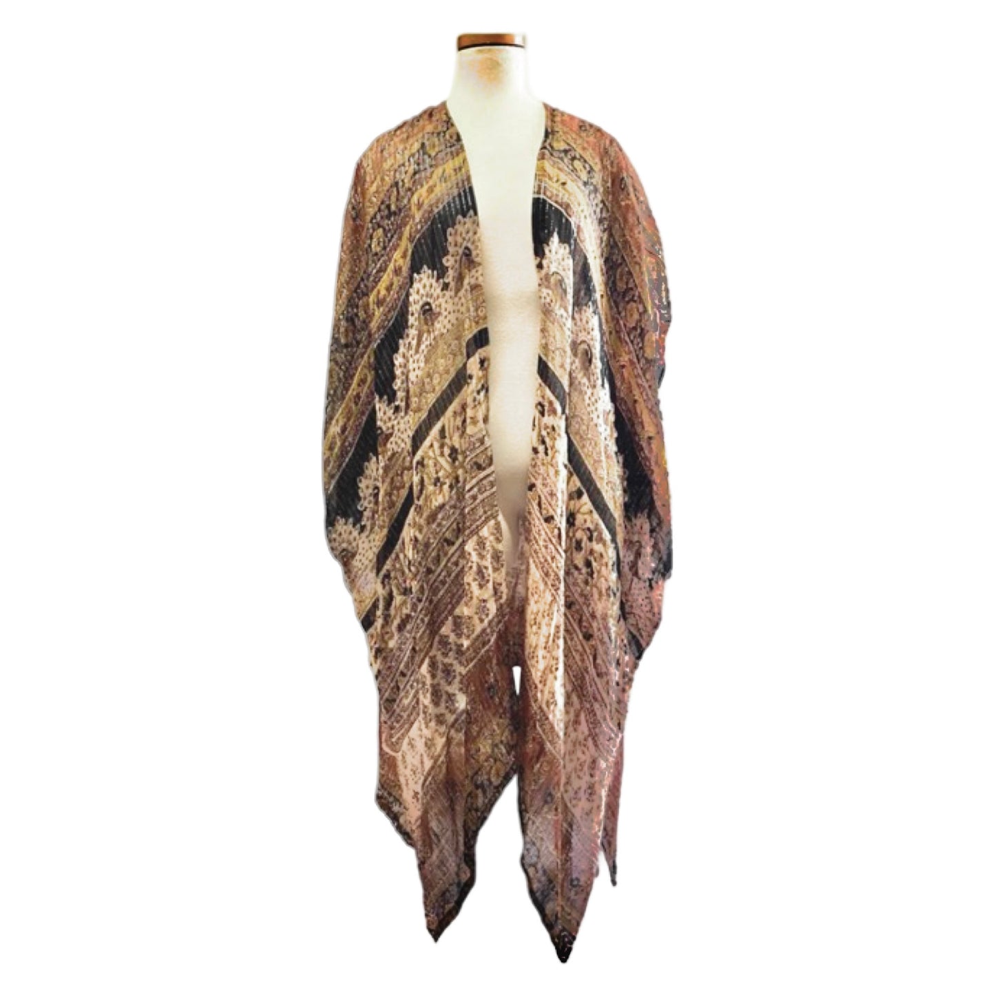 Vintage India Gauze Reworked Kimono Cape Silver Lurex O/S