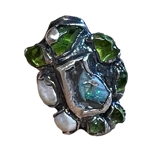 Vintage Modernist Turquoise Peridot Pearl Freeform Ring 7