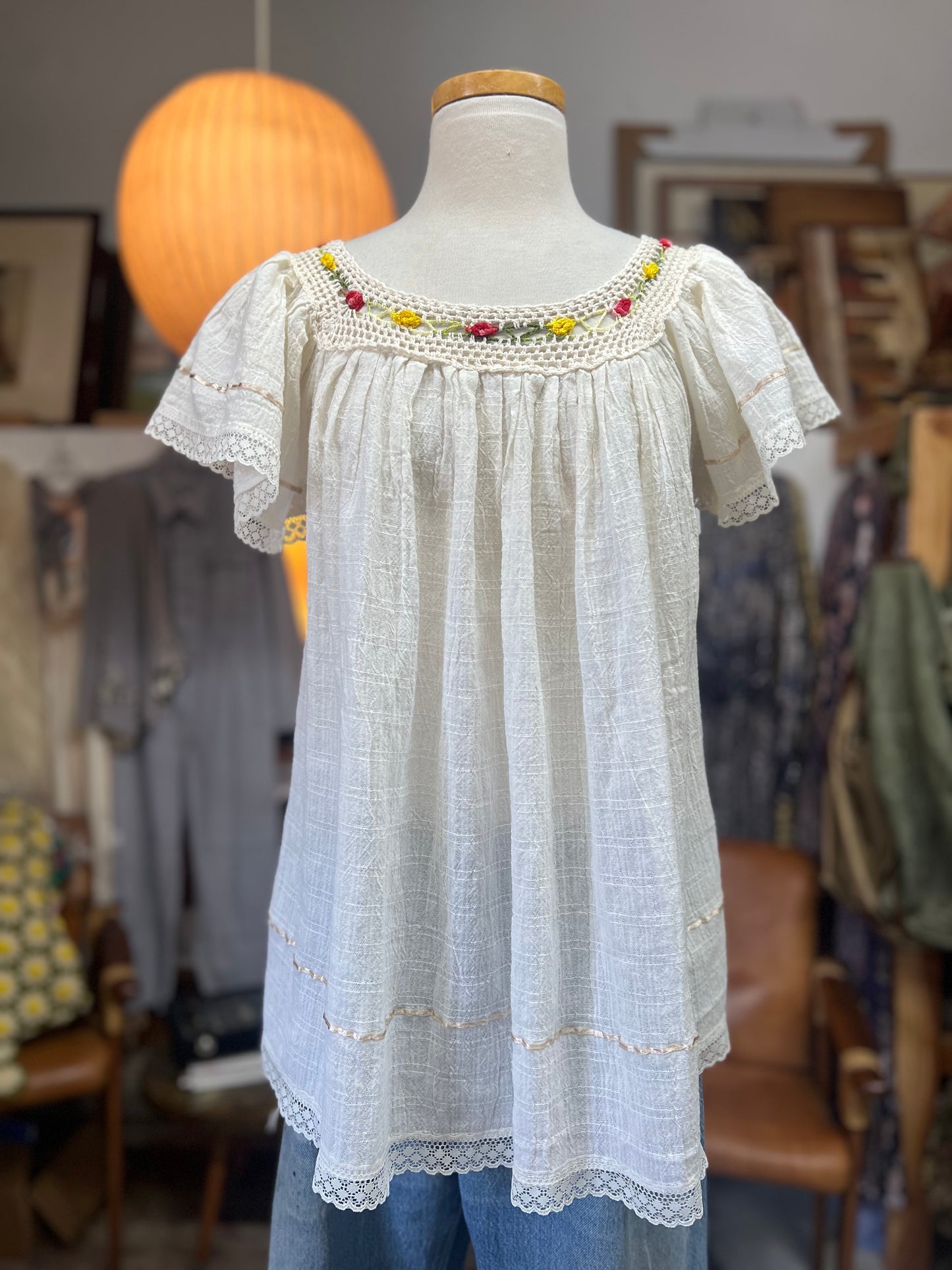 Vintage Gauze Angel Top Macrame Rainbow Flowers S/M