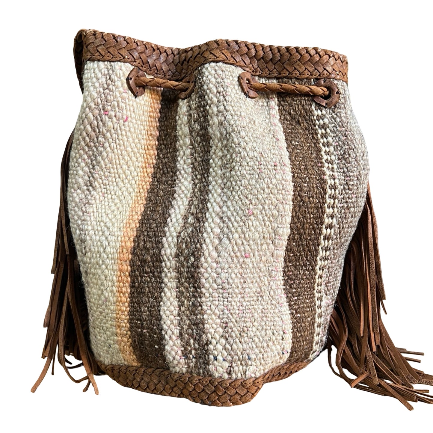 RARE Early Enshalla One Of A Kind Beaded Leather, Textile & Fringe Braided Strap Crossbody Bag
