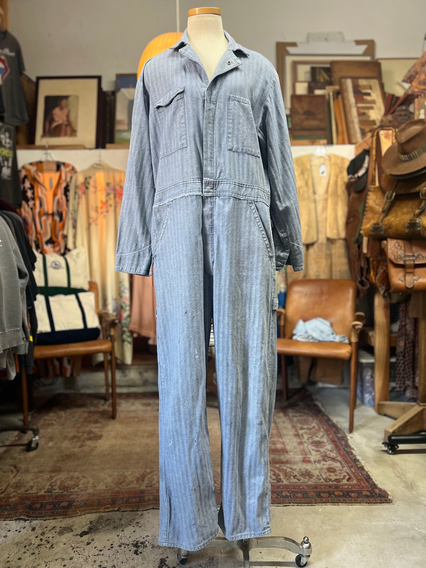 Vintage Dickies Herringbone Twill Distressed Denim Jumpsuit M 42R