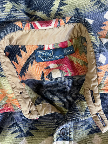RARE Vintage Polo Ralph Lauren Southwestern Aztec Oversized Tab Collar Heavyweight Flannel XXL