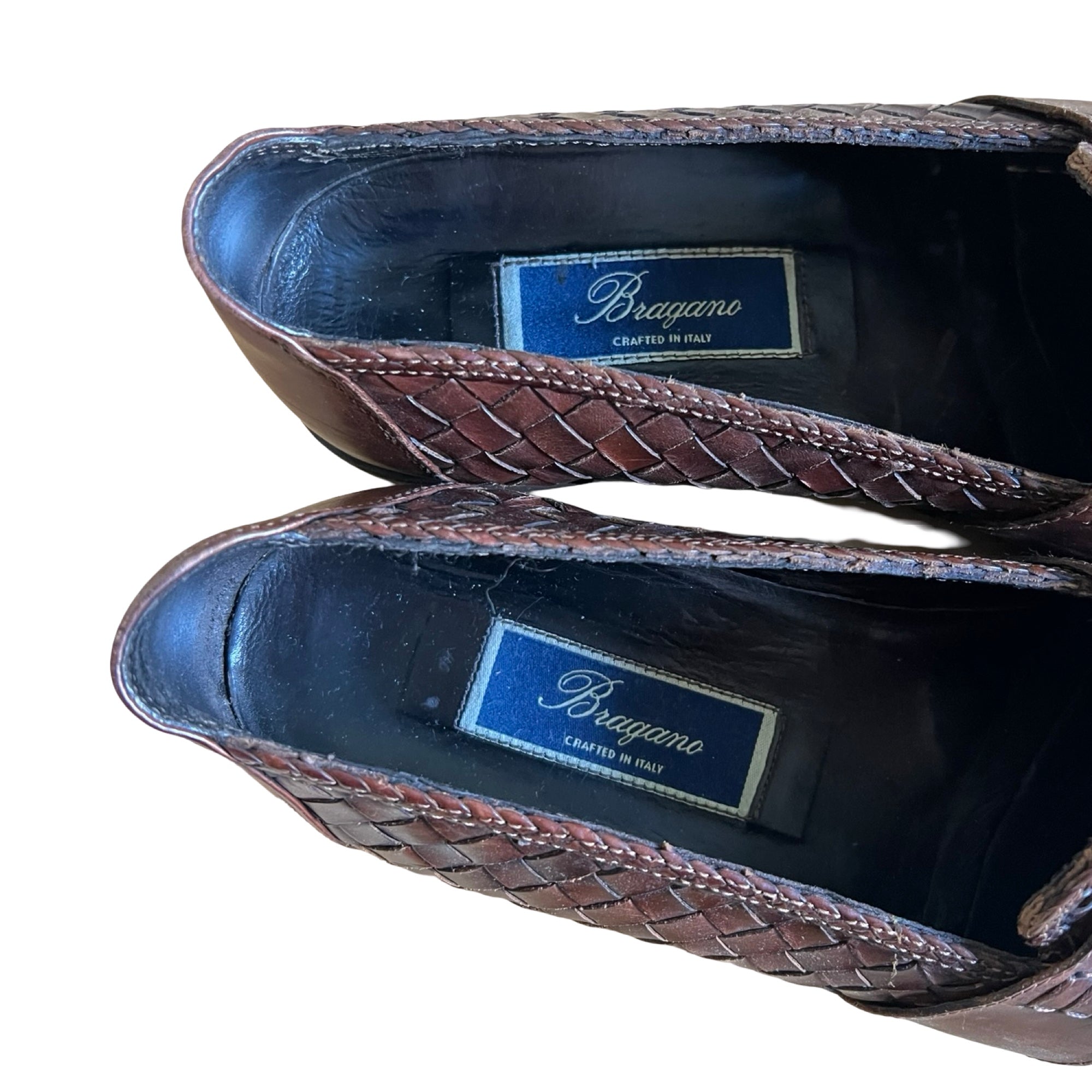 Vintage Bragano Distressed Woven Leather Tassel Loafers Made In