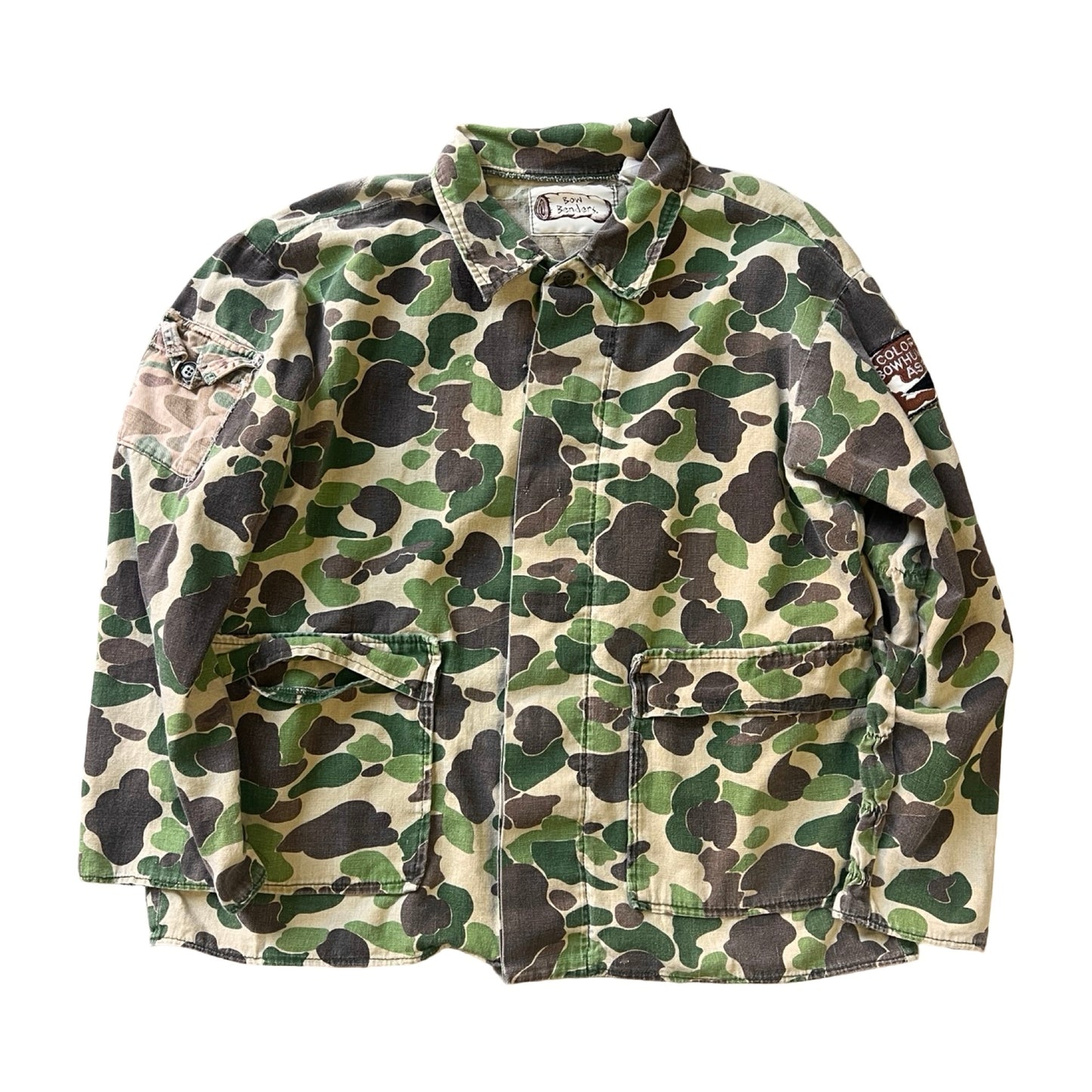 Vintage 1970’s Bow Benders Distressed Frogskin Camo Shirt Jacket XL
