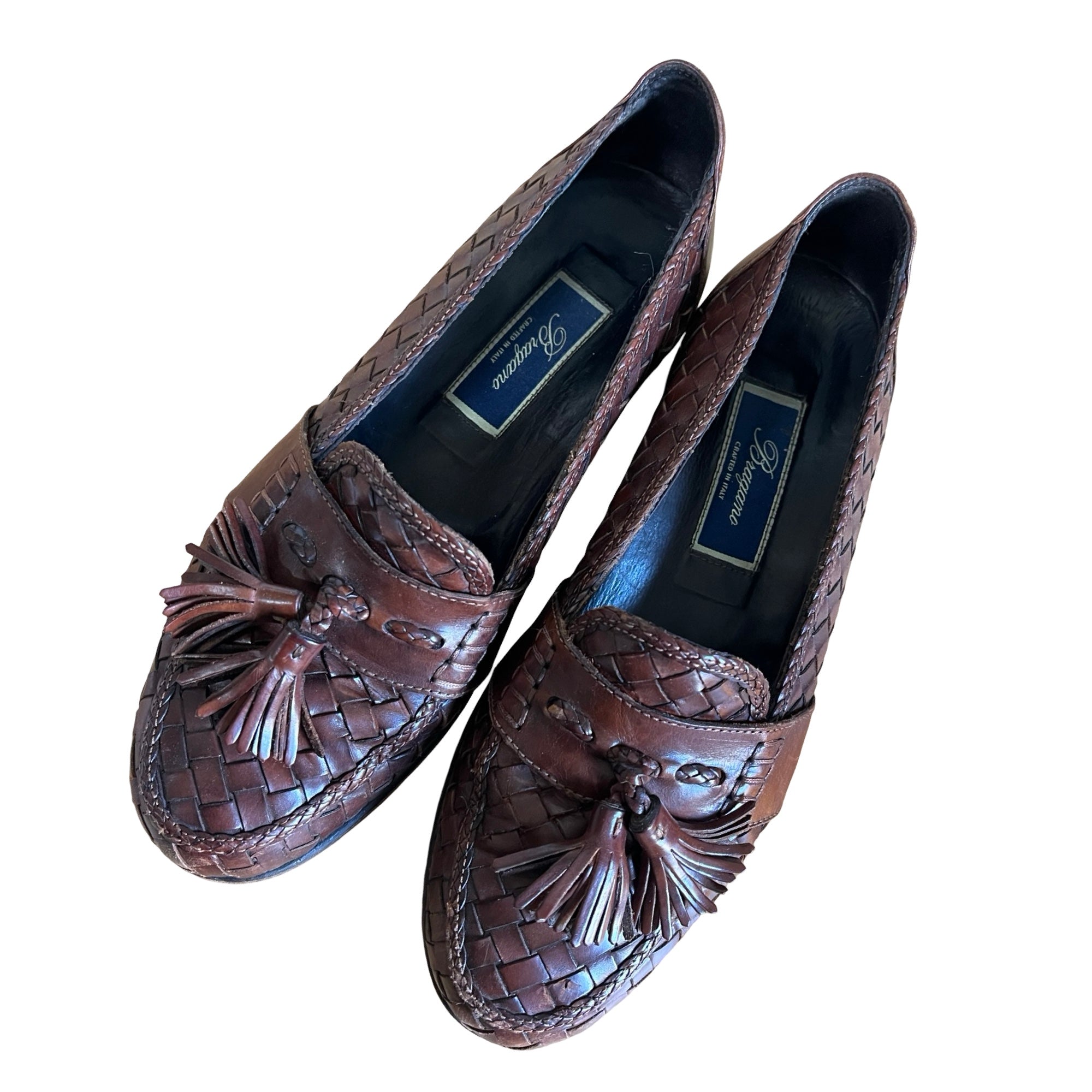 Vintage Bragano Distressed Woven Leather Tassel Loafers Made In