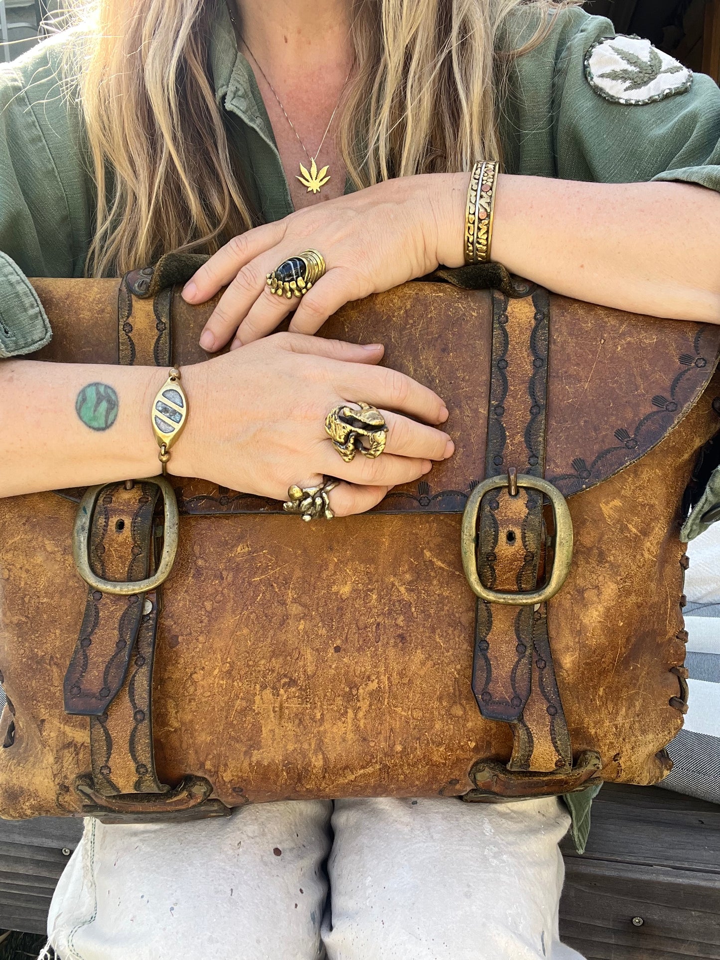 Vintage 70’s Large Handmade Tooled Leather Satchel Brass Hardware