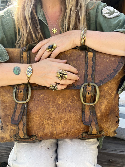 Vintage 70’s Large Handmade Tooled Leather Satchel Brass Hardware