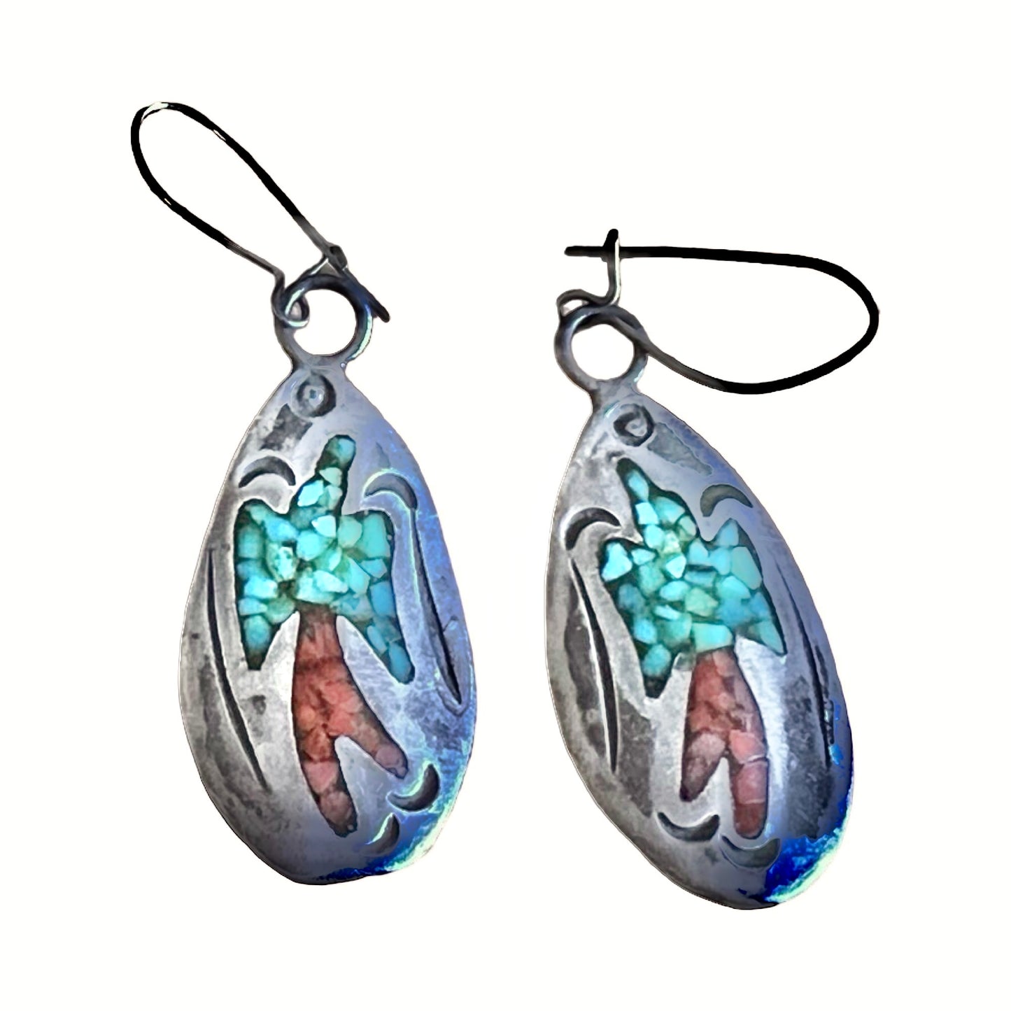 Vintage 1970’s Willie Nezzie Navajo Signed Sterling Inlay Peyote Bird Earrings