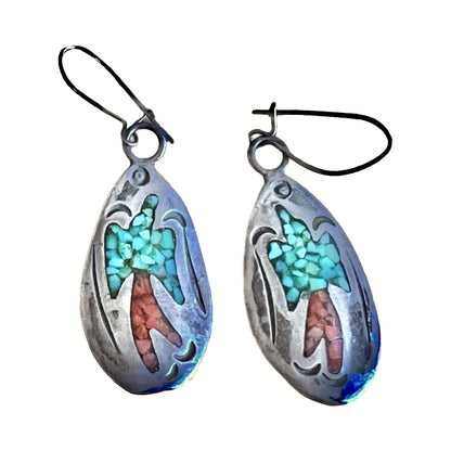 Vintage 1970’s Willie Nezzie Navajo Signed Sterling Inlay Peyote Bird Earrings