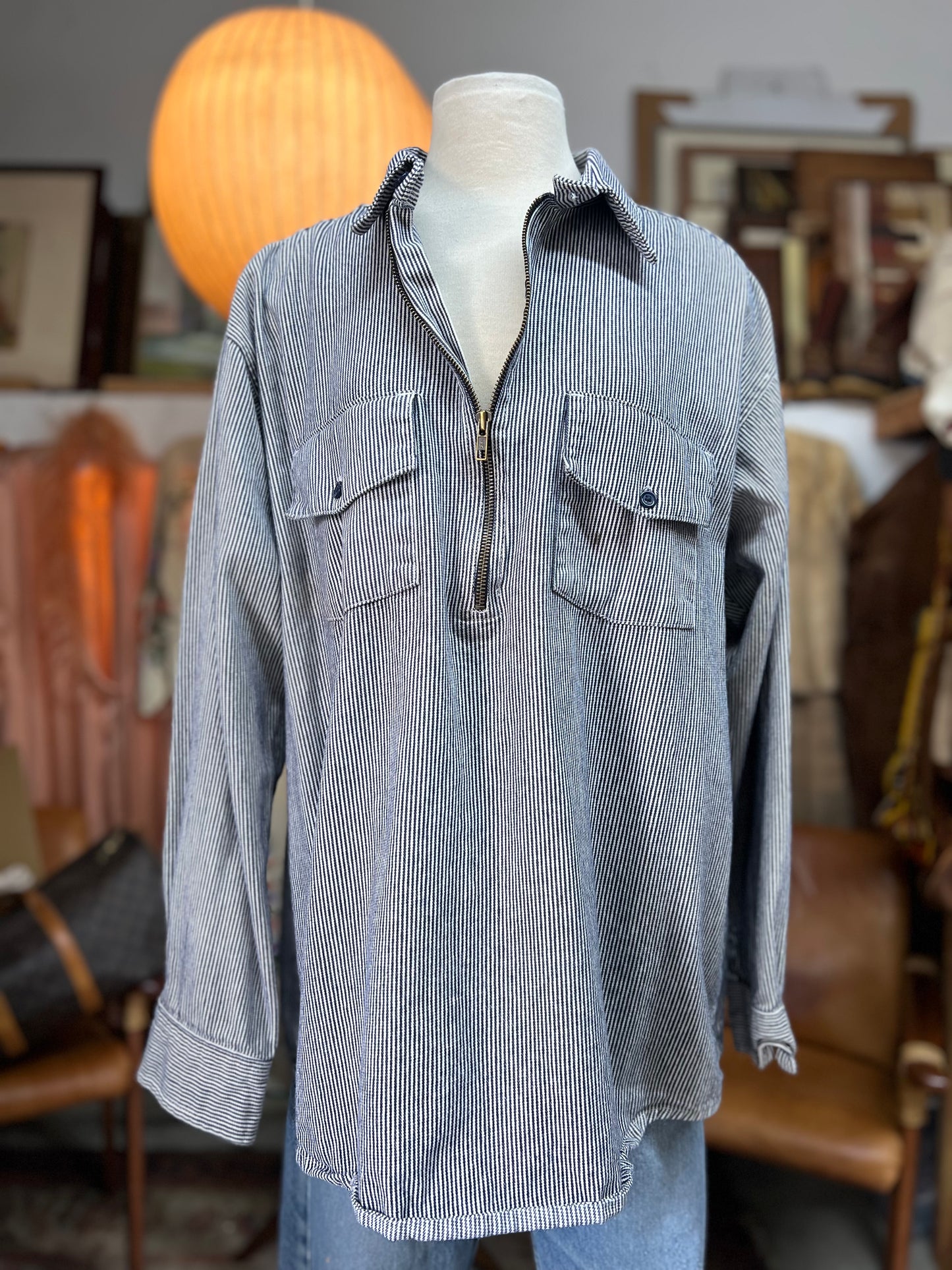 Vintage 90’s Denim Railroad Stripe Zip Front Work Shirt XL