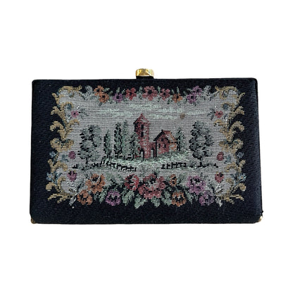 Vintage Pastoral Needlepoint Box Clutch