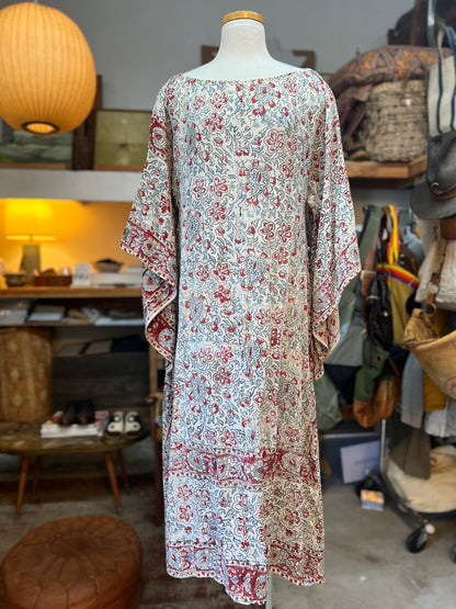 Vintage 70’s Handmade India Cotton Block Print Bohemian Midi Dress Kimono Sleeves