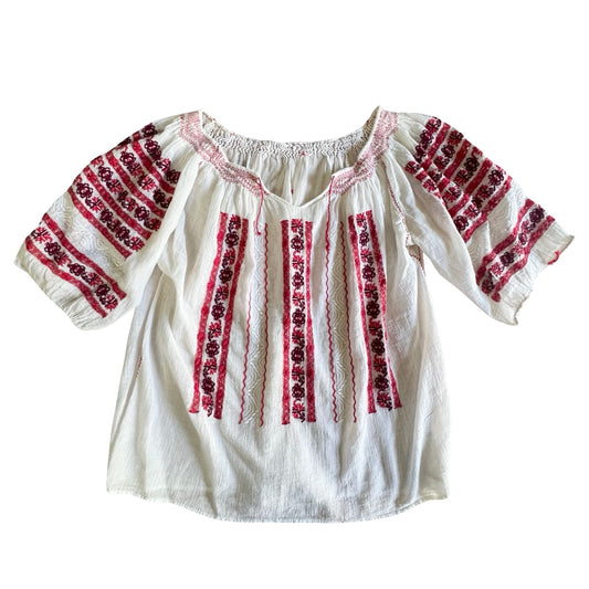 Vintage 60’s Romanian Embroidered Pintuck Smocked Gauze Top S/M