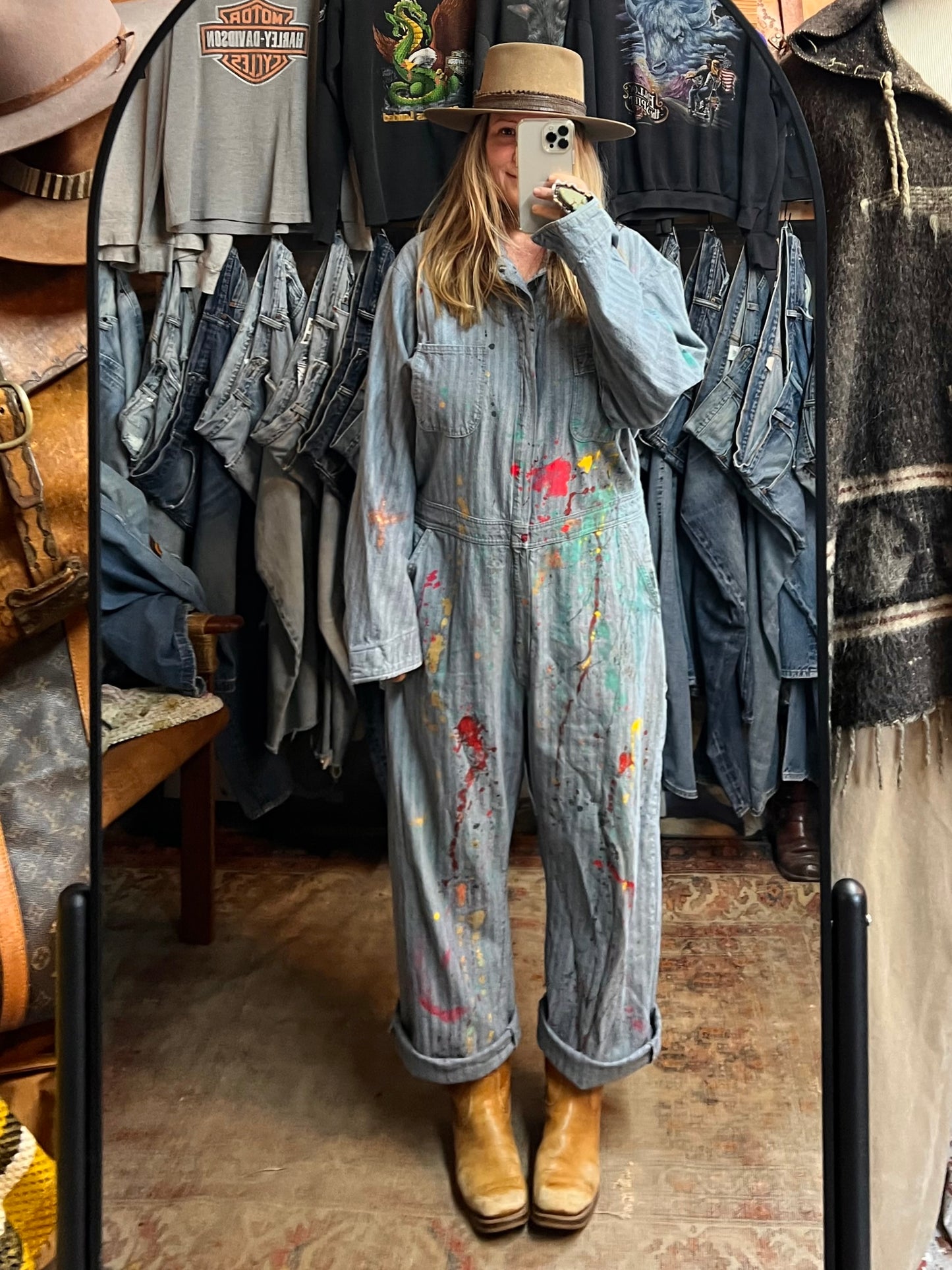 Vintage Berco HBT Denim Jumpsuit Hand Painted by LA Artist XL/XXL