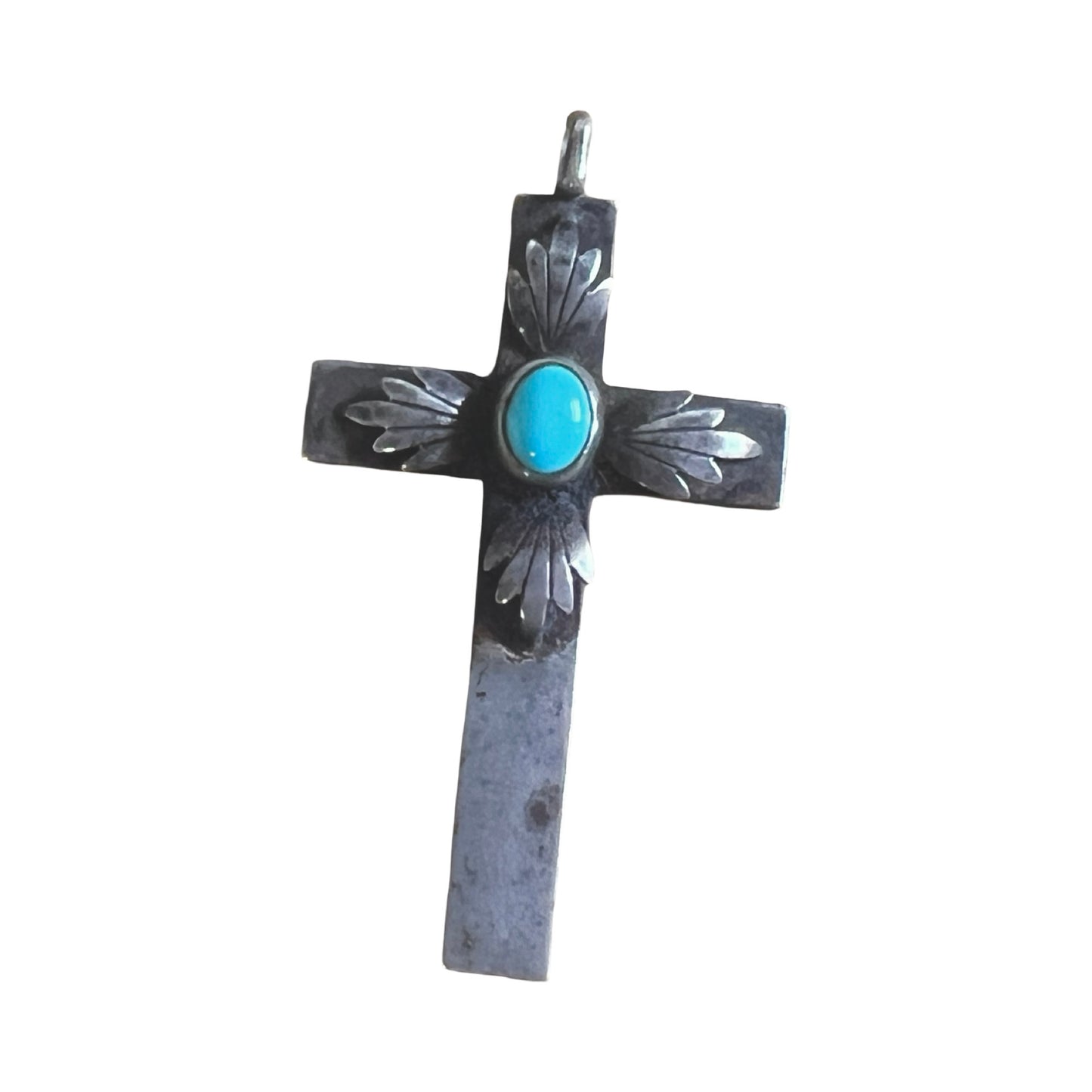Vintage Navajo Oxidized Sterling Silver & Turquoise Cross Pendant