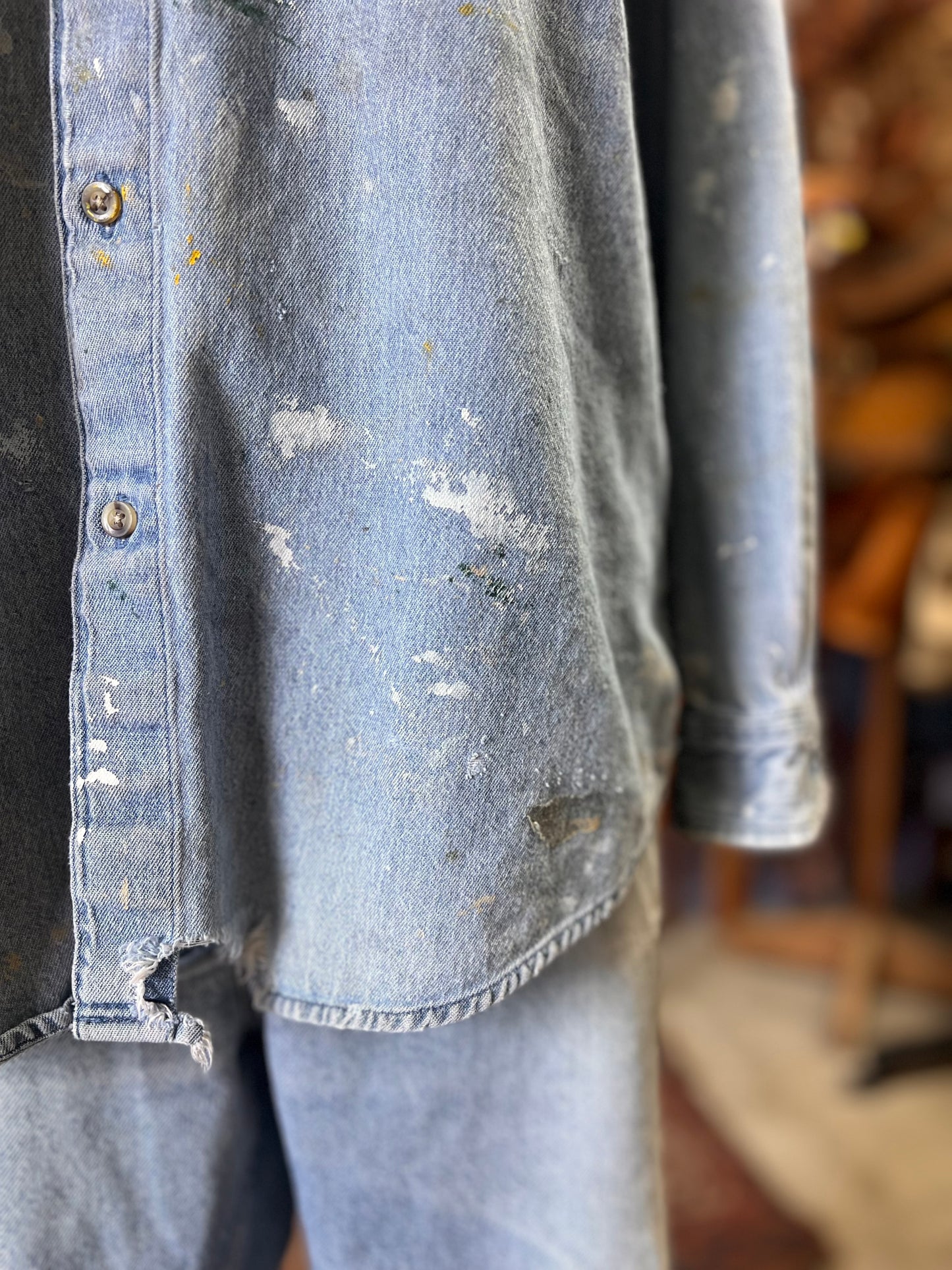 Vintage 80’s Heavily Distressed Denim Shirt L