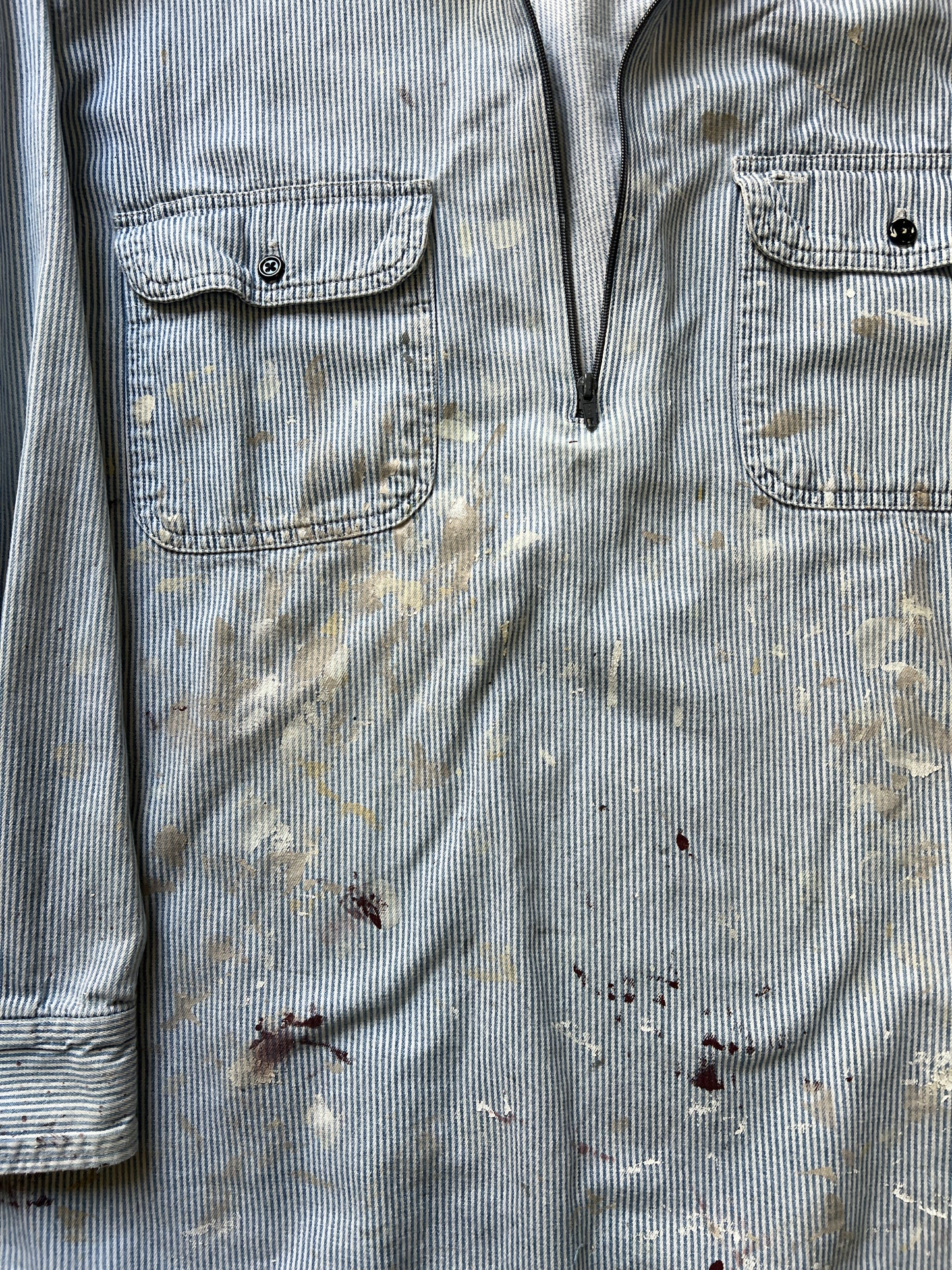 Vintage Hickory Striped Quarter Zip Denim Work Shirt Heavily Distressed XL