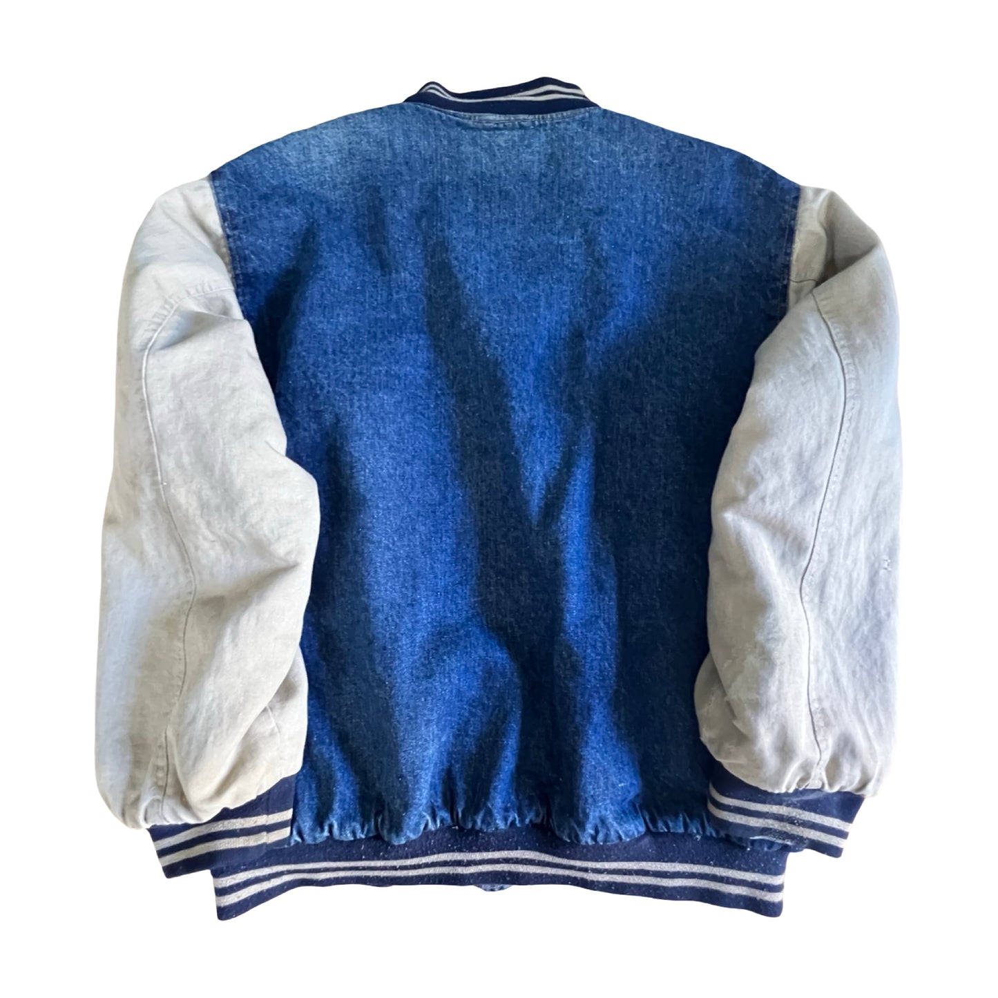 Vintage 80’s Adidas X Yankees Distressed Denim Varsity Jacket XL