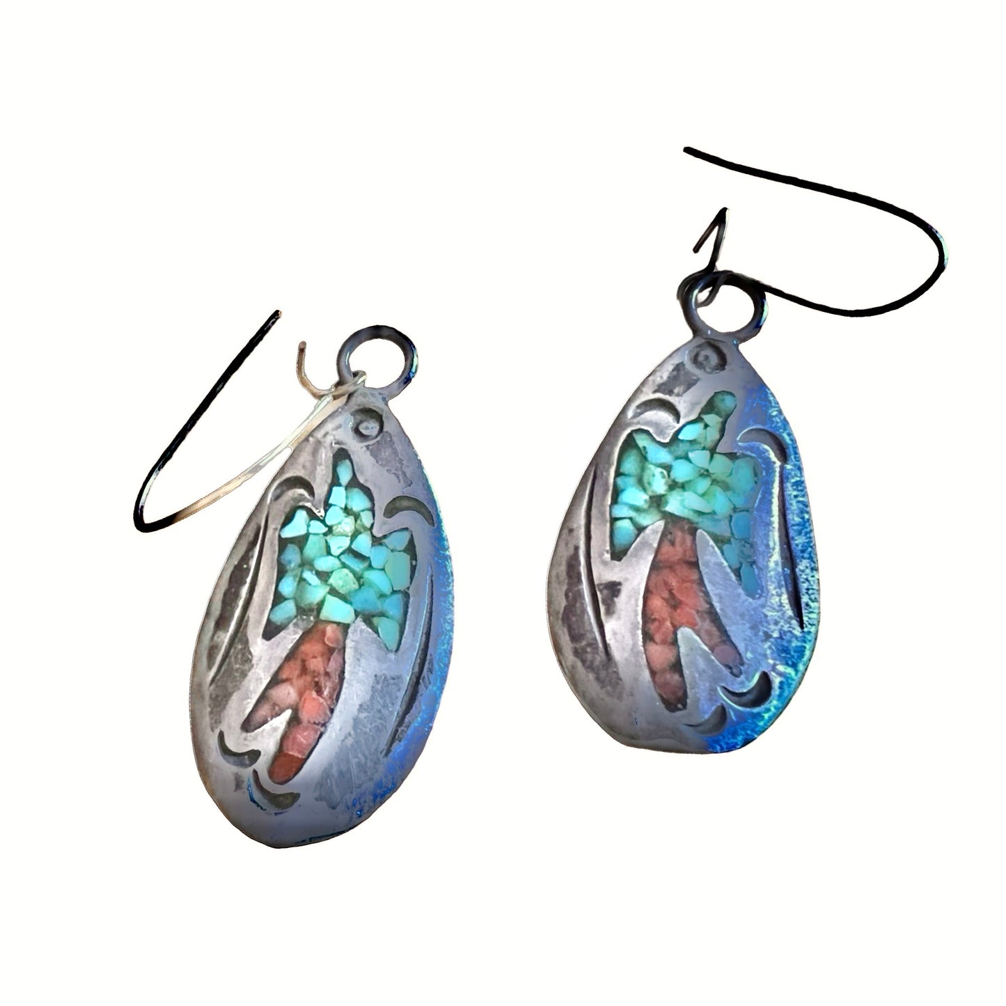 Vintage 1970’s Willie Nezzie Navajo Signed Sterling Inlay Peyote Bird Earrings