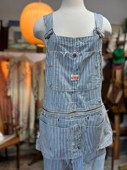 Very Rare Vintage 1940’s/50's Distressed Pay Day Square Bak Union Made Sanforized Sail Cloth Hickory Striped Apron Bib Overalls