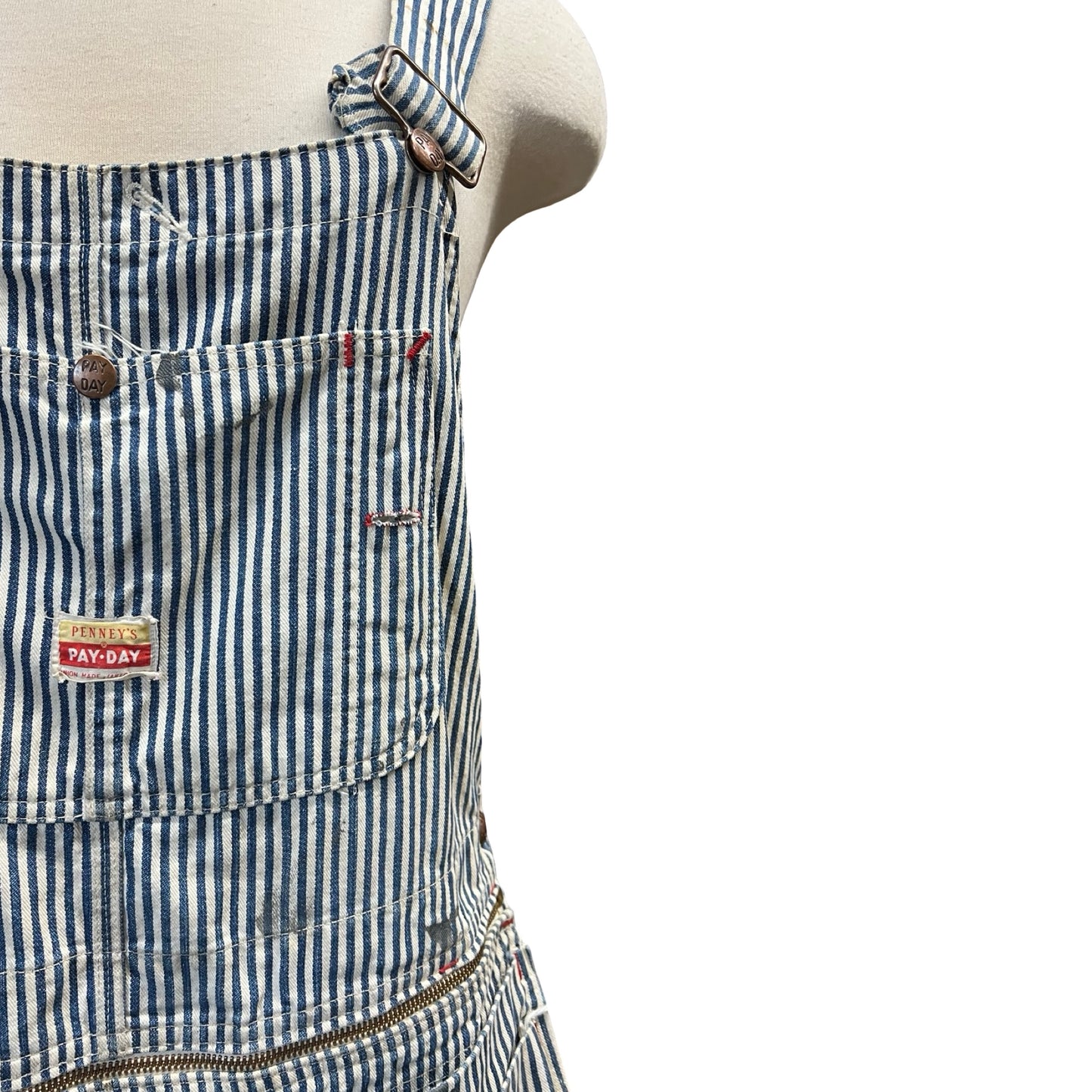 Very Rare Vintage 1940’s/50's Distressed Pay Day Square Bak Union Made Sanforized Sail Cloth Hickory Striped Apron Bib Overalls