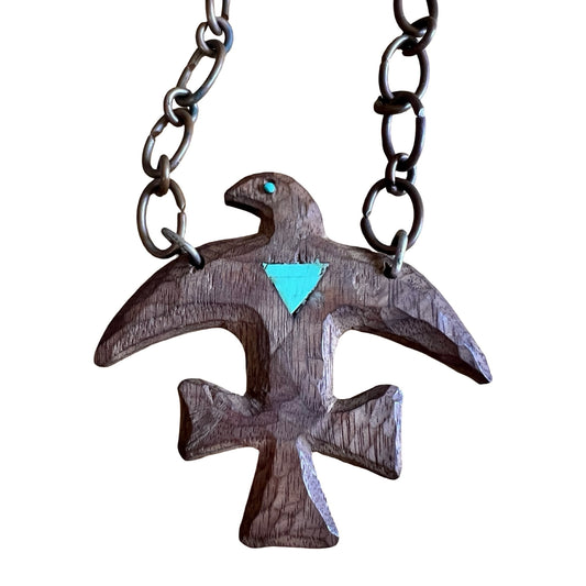 Vintage Hand Carved Wood, Turquoise &  Copper Thunderbird Necklace