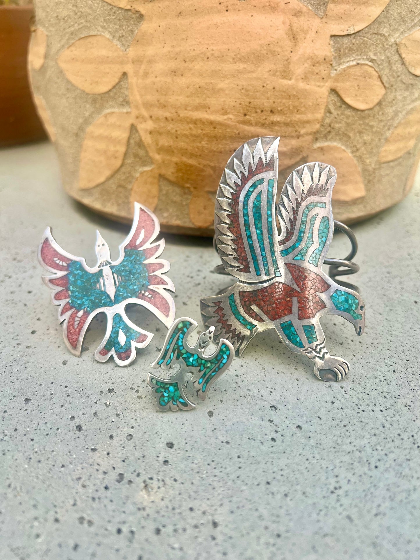 Huge Vintage Navajo Sterling Silver Turquoise & Coral Mosaic Inlay Thunderbird Ring Size 9