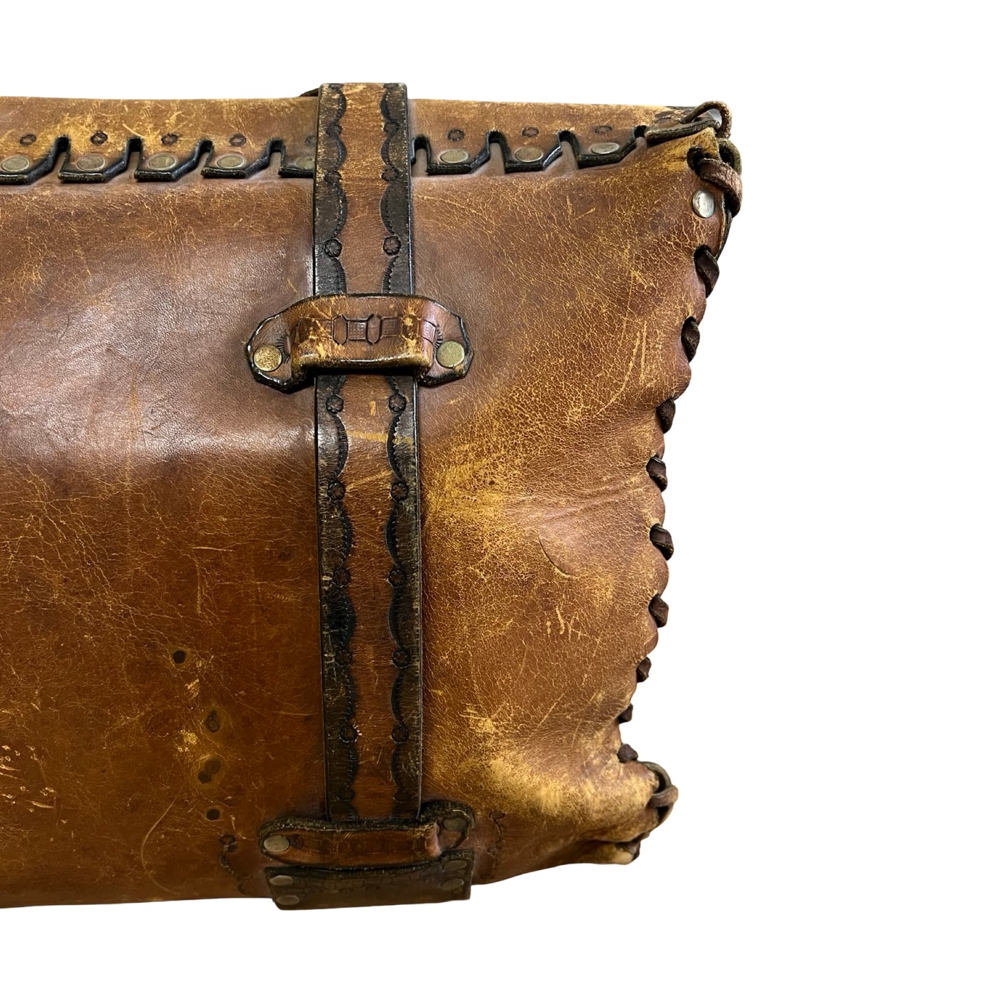Vintage 70’s Large Handmade Tooled Leather Satchel Brass Hardware