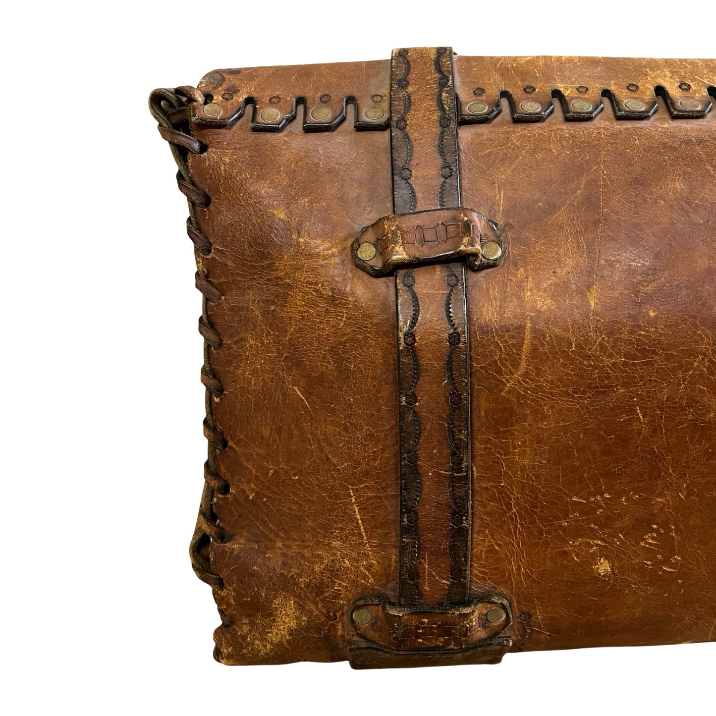 Vintage 70’s Large Handmade Tooled Leather Satchel Brass Hardware