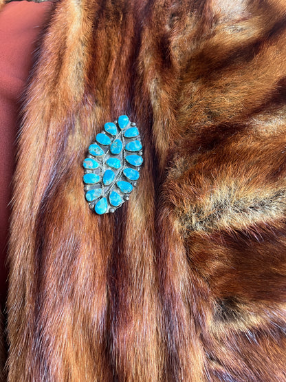 Rare Huge Vintage Navajo Kingman Turquoise 17 Stone Sterling Brooch