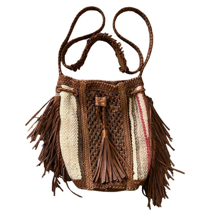 RARE Early Enshalla One Of A Kind Beaded Leather, Textile & Fringe Braided Strap Crossbody Bag