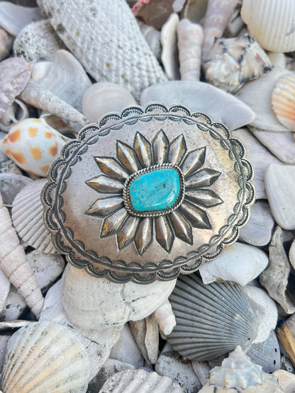 Vintage Navajo Sterling Silver & Turquoise Belt Buckle Hallmark FA