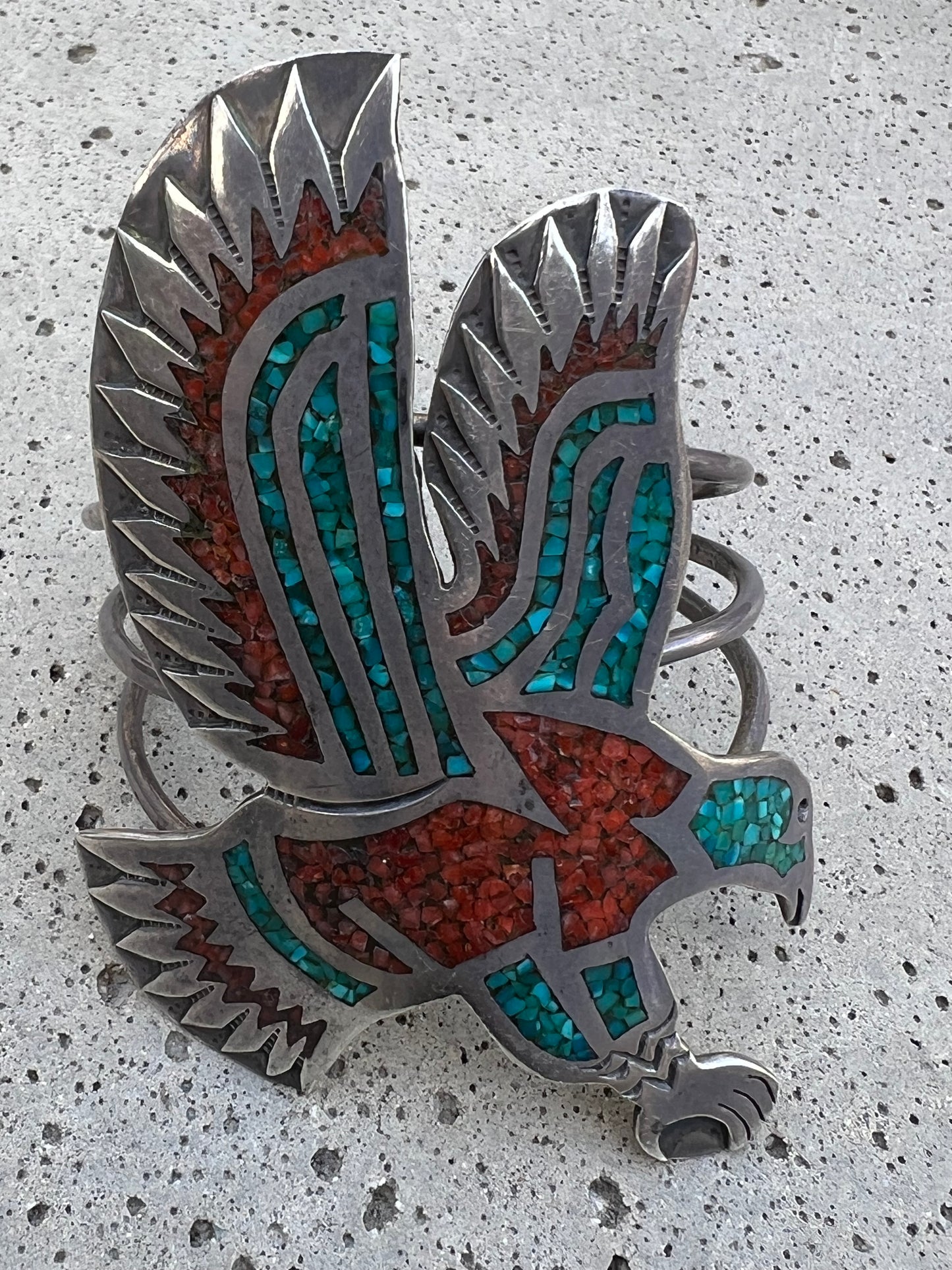 Massive Vintage Navajo Sterling Silver & Turquoise Coral Mosaic Inlay Thunderbird Cuff Signed