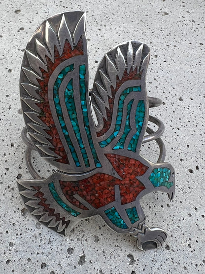 Massive Vintage Navajo Sterling Silver & Turquoise Coral Mosaic Inlay Thunderbird Cuff Signed