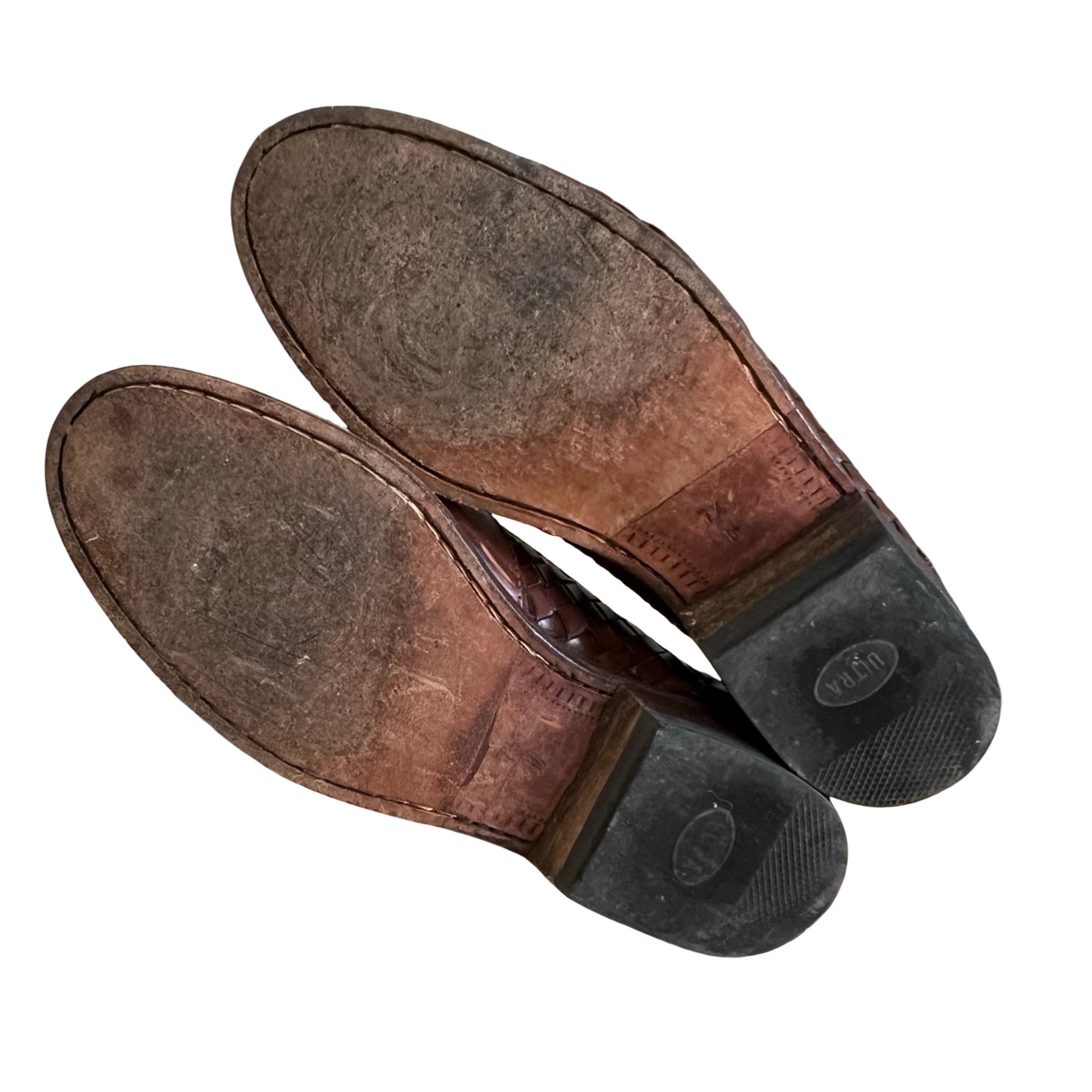 Vintage Bragano Distressed Woven Leather Tassel Loafers Made In