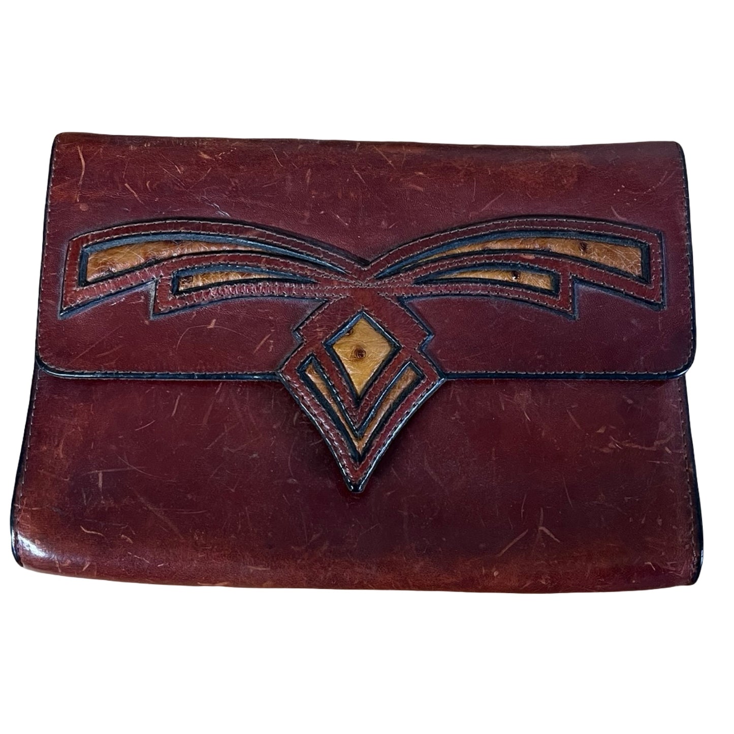 Rare Vintage 1940's Art Deco Leather Clutch Ostrich Inlay