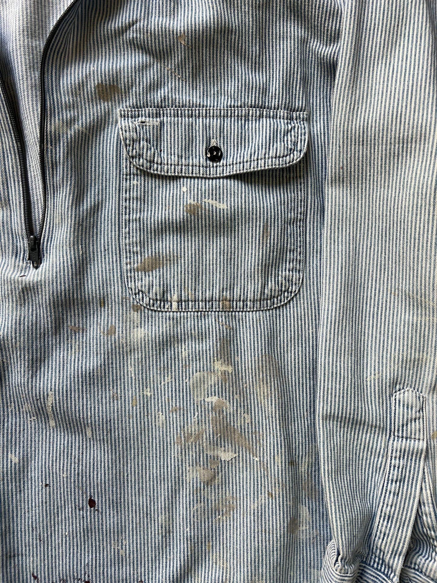 Vintage Hickory Striped Quarter Zip Denim Work Shirt Heavily Distressed XL