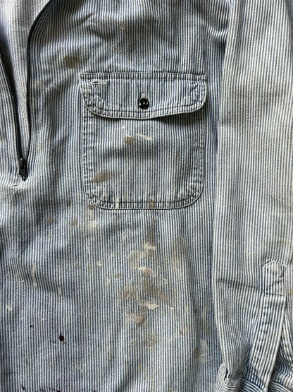Vintage Hickory Striped Quarter Zip Denim Work Shirt Heavily Distressed XL