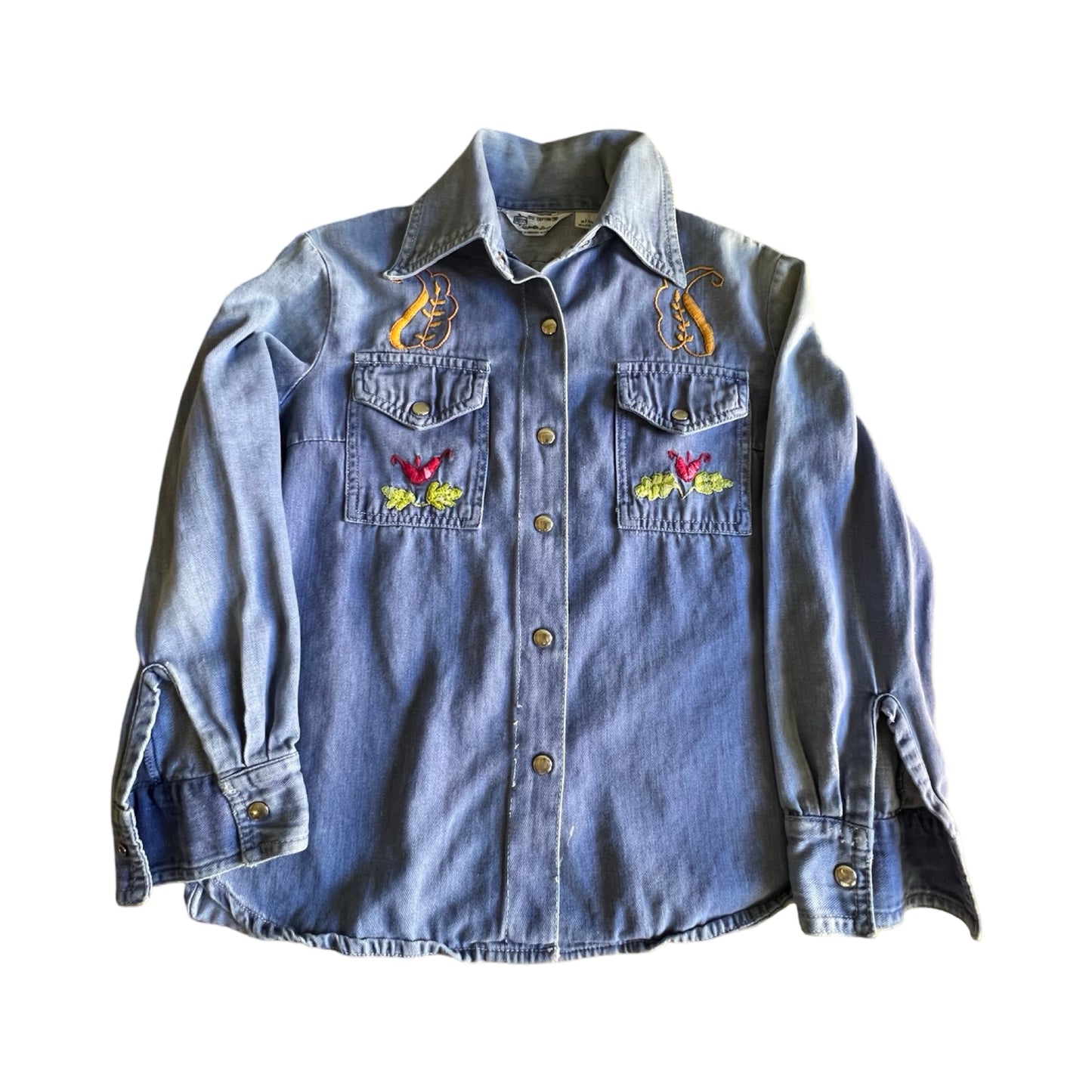 Vintage Rare 70’s KMart Hippie Denim Embroidered Metal Snap Front Shirt One Of A Kind Bohemian Treasure!