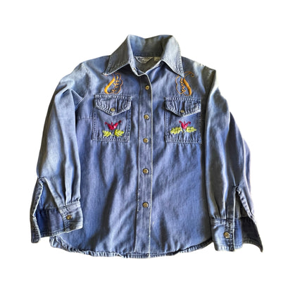 Vintage Rare 70’s KMart Hippie Denim Embroidered Metal Snap Front Shirt One Of A Kind Bohemian Treasure!