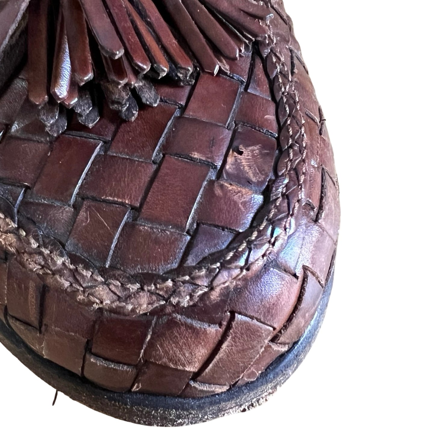 Vintage Bragano Distressed Woven Leather Tassel Loafers Made In Italy Men’s 7.5