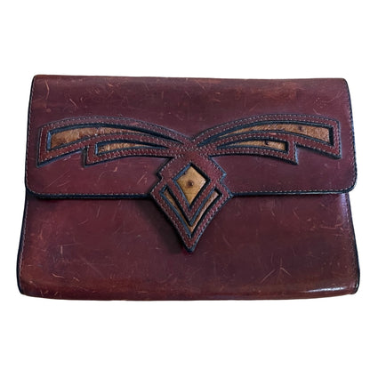 Rare Vintage 1940's Art Deco Leather Clutch Ostrich Inlay