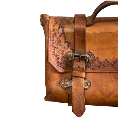 Vintage 70’s Handmade Tooled Leather Messenger Briefcase Brass Hardware