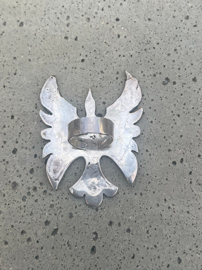 Huge Vintage Navajo Sterling Silver Turquoise & Coral Mosaic Inlay Thunderbird Ring Size 9