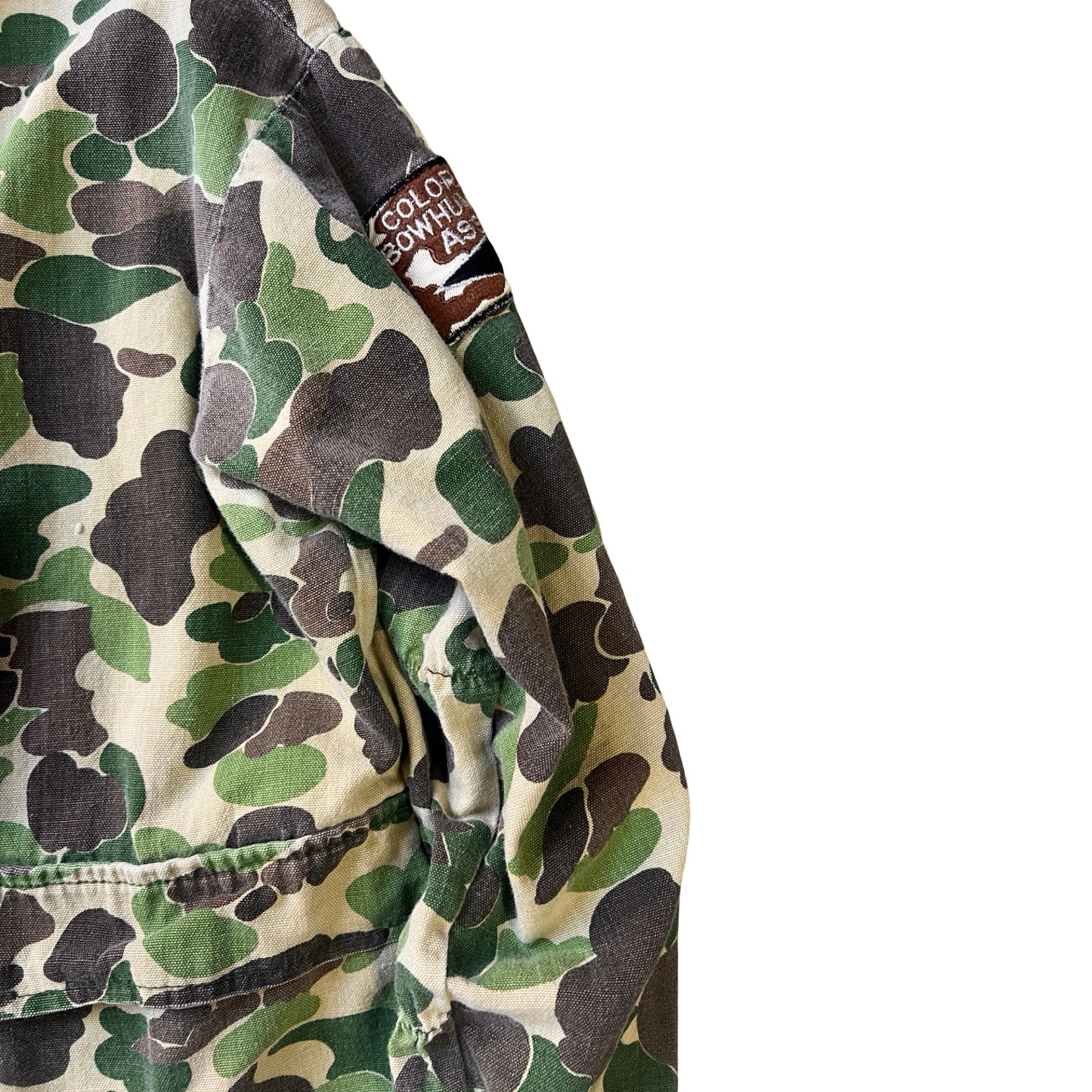 Vintage 1970’s Bow Benders Distressed Frogskin Camo Shirt Jacket XL
